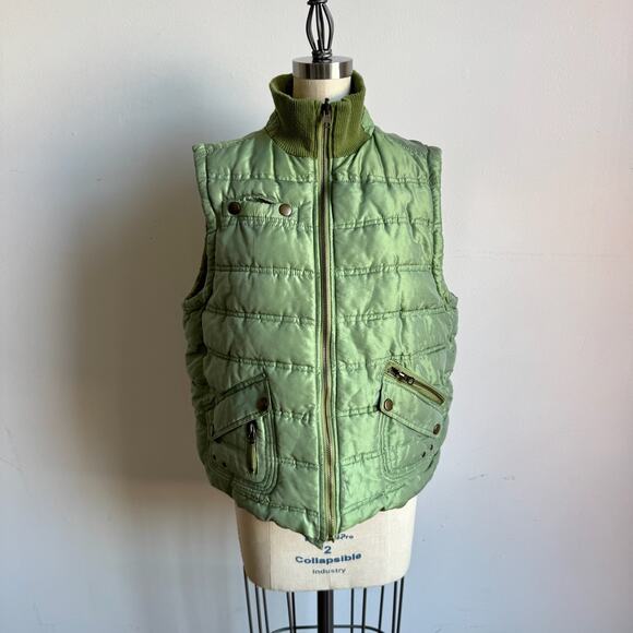 Vintage Y2K 2Bizzy Metallic Green Reversible Utility Zip Puffer Vest - Picture 3 of 13